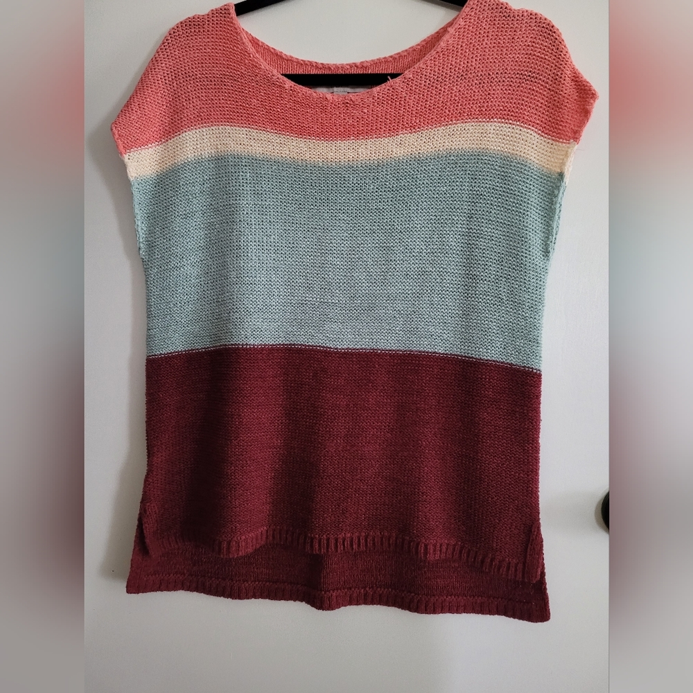 Ann Taylor loft beachy open knit sleeveless color block striped sweater Sz S.
